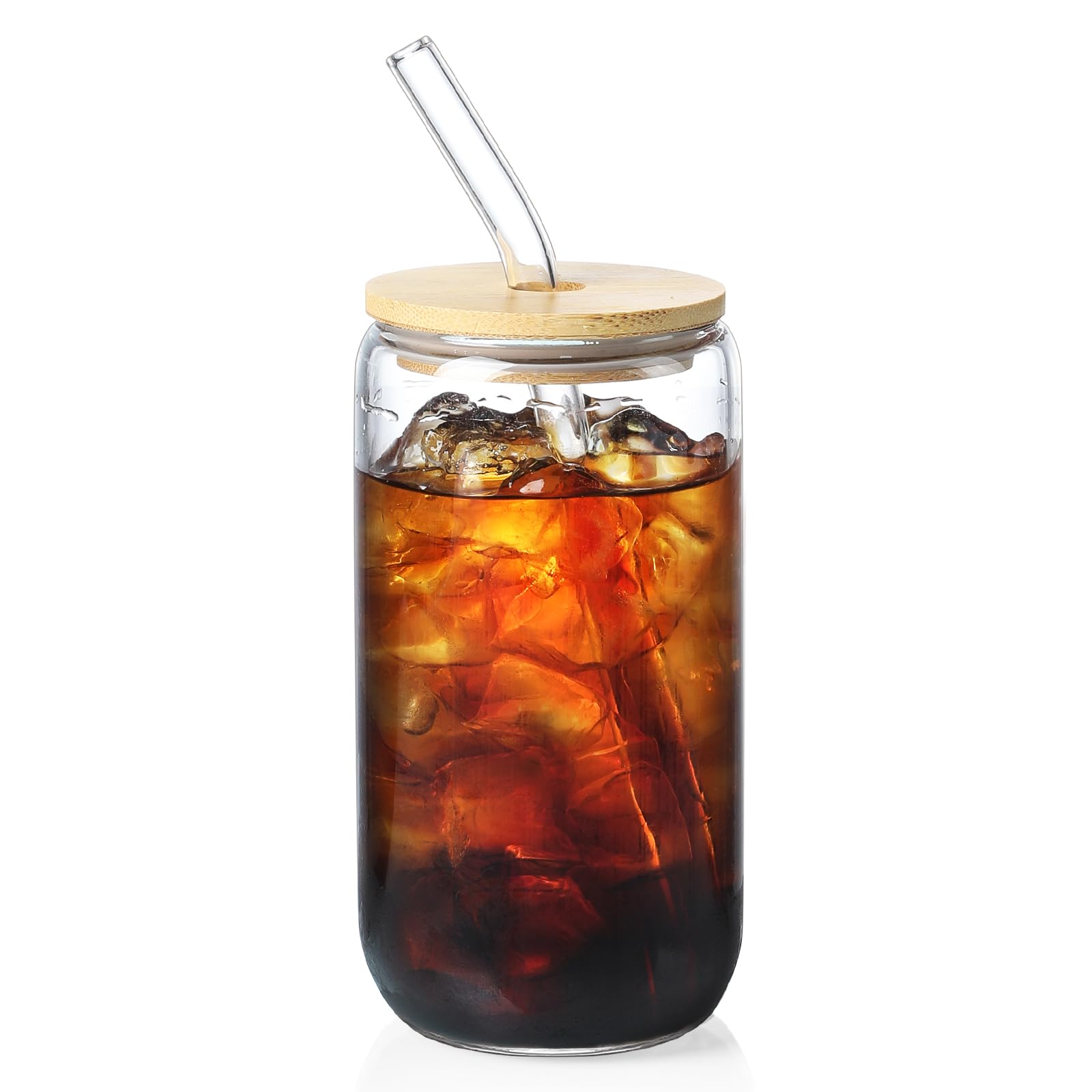 Vaso NETANY de vidrio 16 onzas con tapa de bambú y pajita reutilizable, perfecto para bebidas.