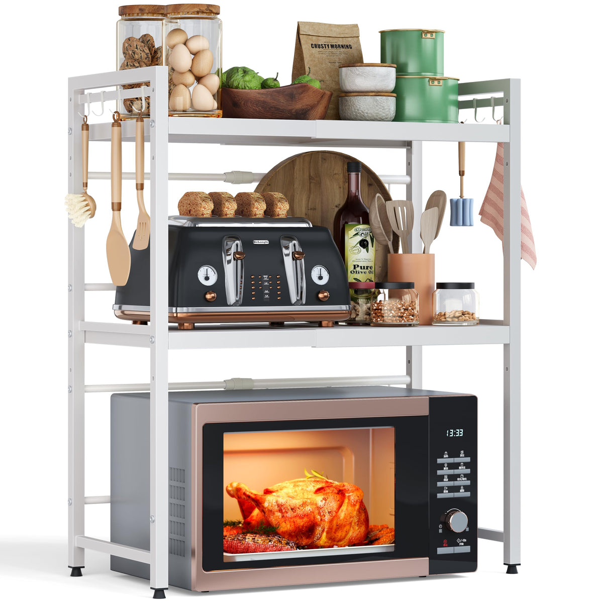 NETEL estante expandible para microondas con tres niveles, ahorro de espacio en la cocina.
