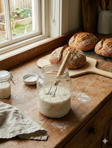 New England Sourdough Starter Co. punta estrecha llega al fondo del frasco para mezclar