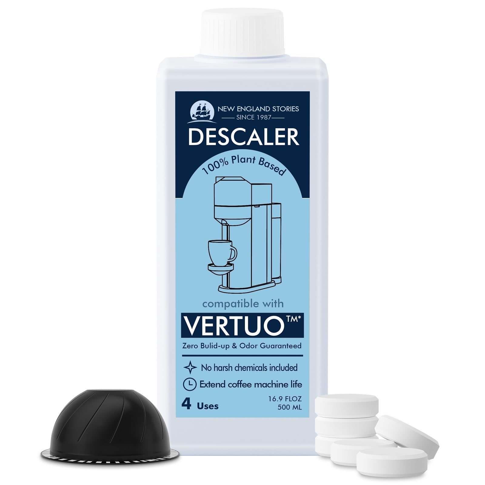 New England Stories solución desincrustante Vertuo, botella limpia y mantiene el rendimiento para uso mensual.