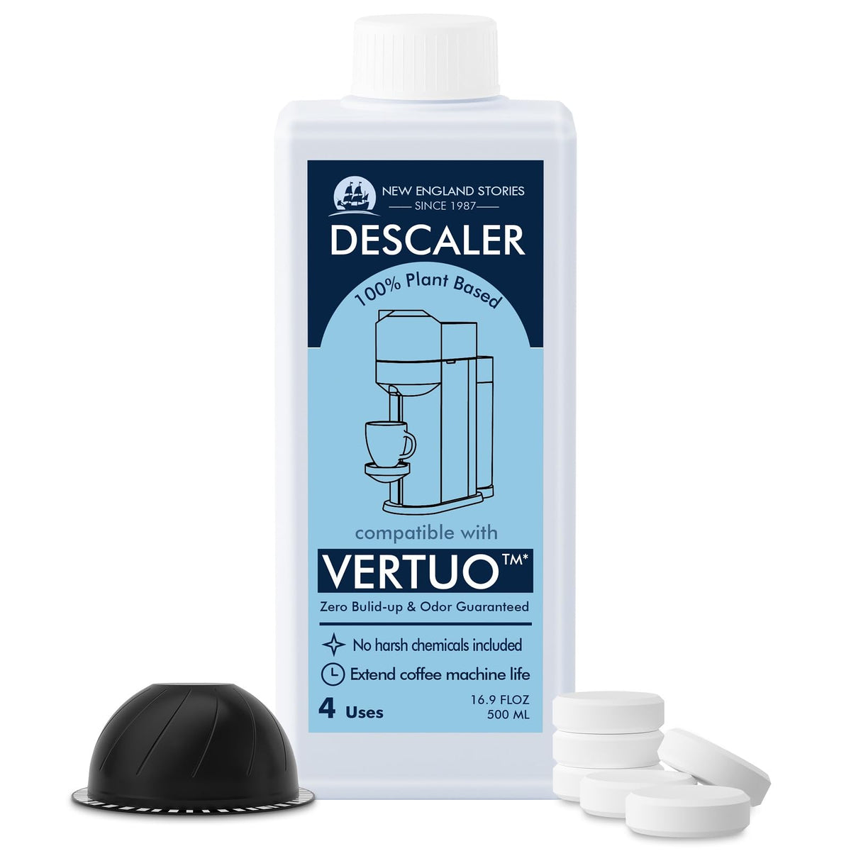 New England Stories solución desincrustante Vertuo, botella limpia y mantiene el rendimiento para uso mensual.