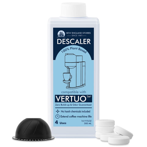 New England Stories solución desincrustante Vertuo, botella limpia y mantiene el rendimiento para uso mensual.