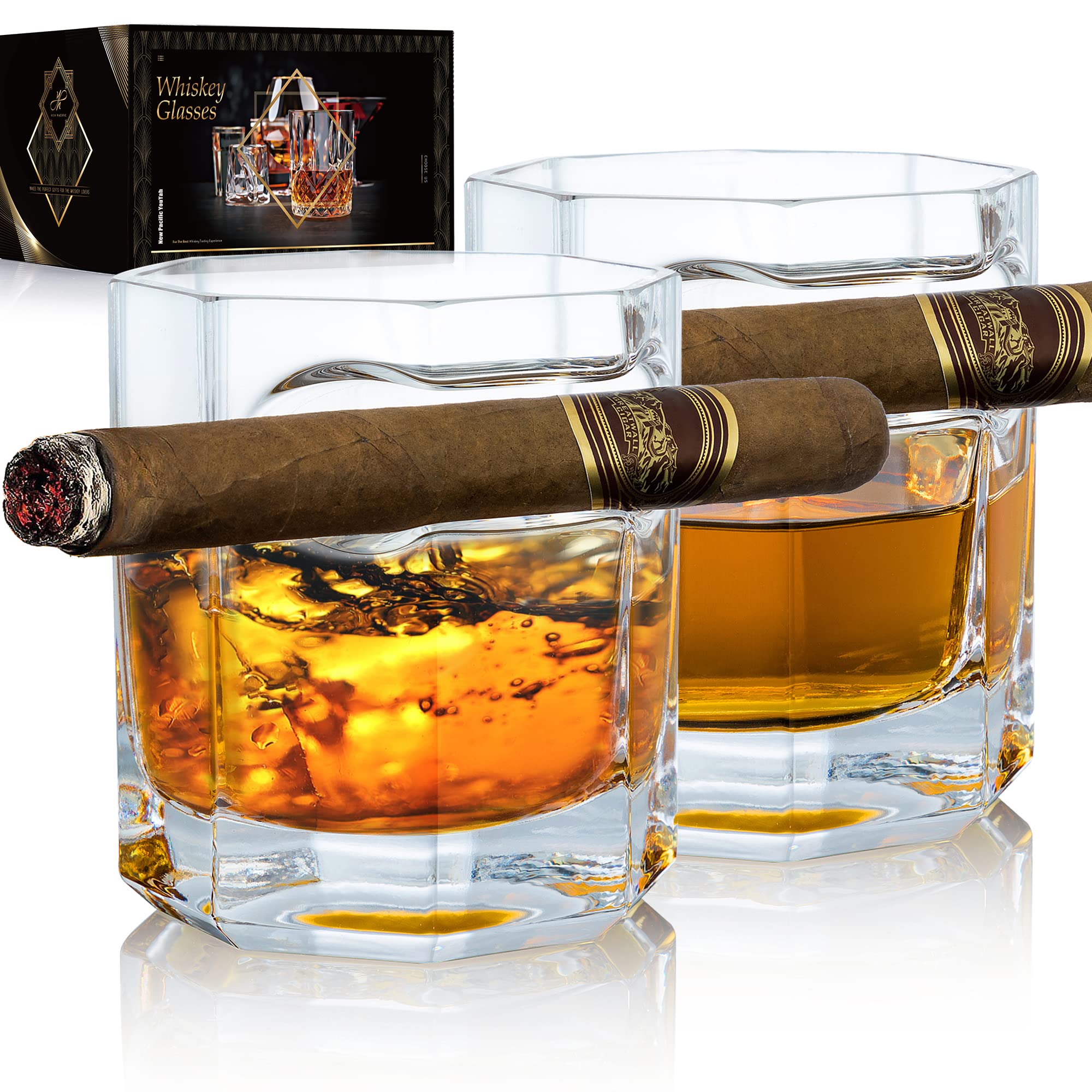 Copas YouYah de NEW PACIFIC para whisky con soporte de cigarro ergonómicas y seguras.