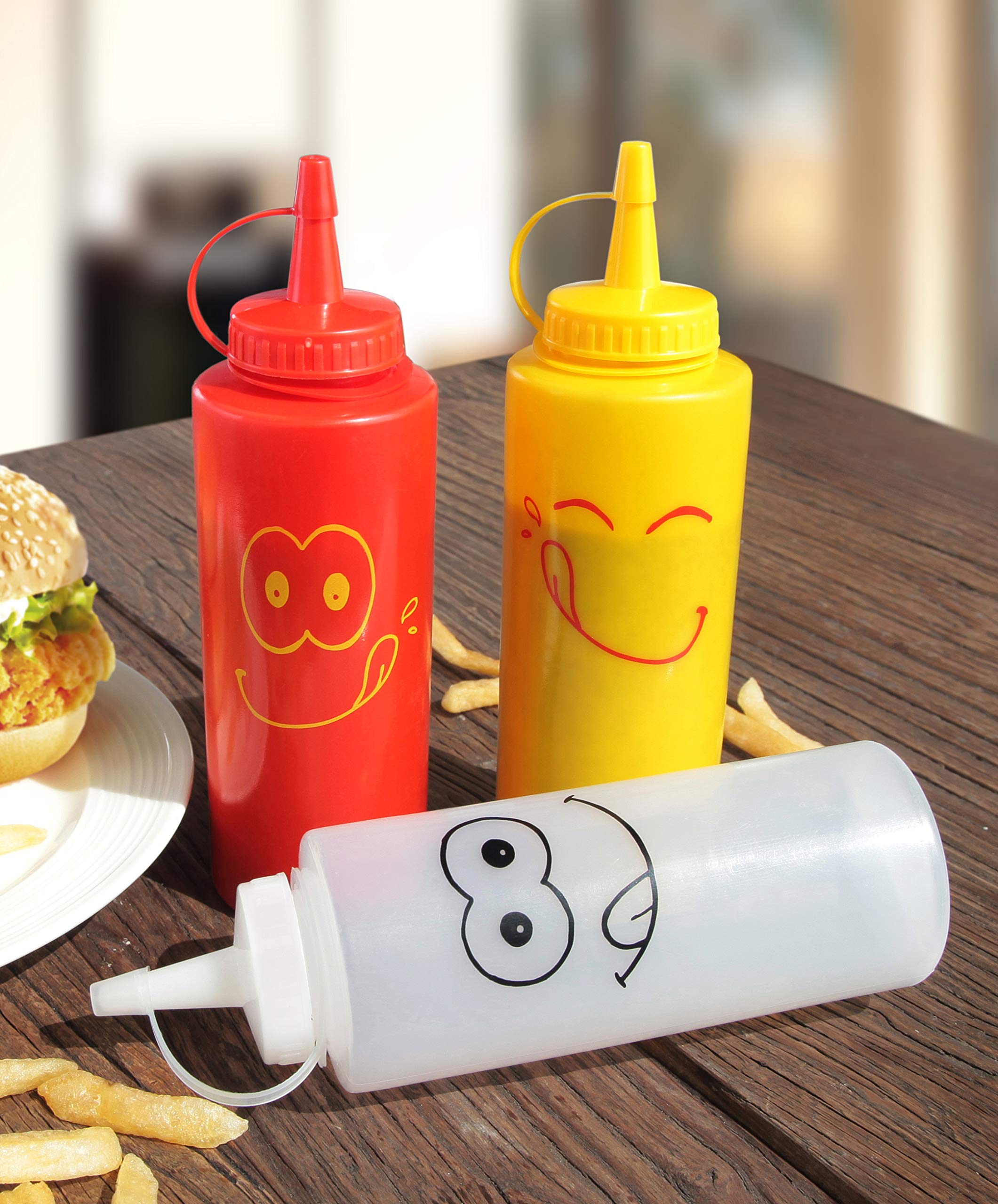Botella New Star Foodservice con rosca doble amarilla para salsas espesas.