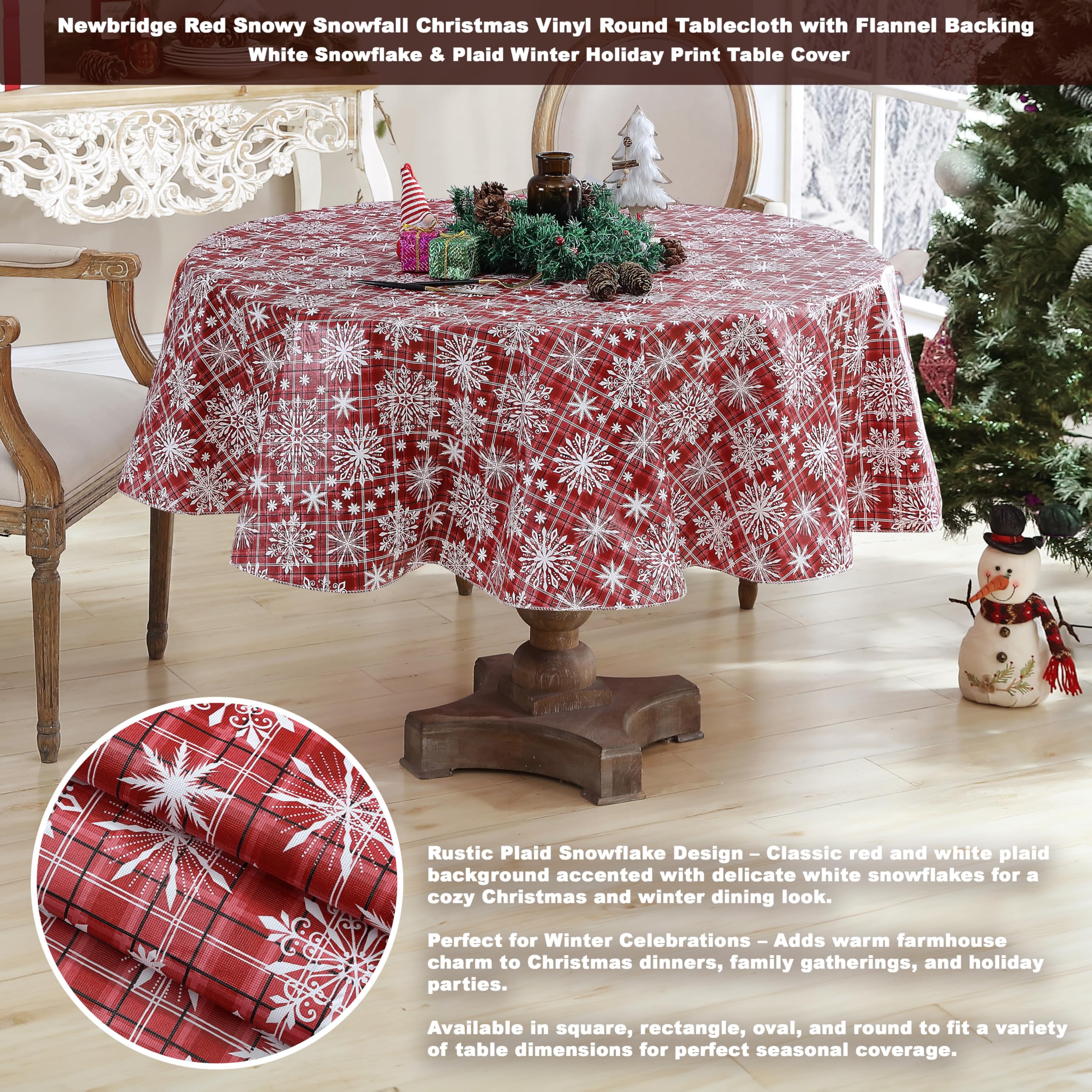 Newbridge Snowfall mantel vinilo, diseño a cuadros rojos, ideal para cenas navideñas.
