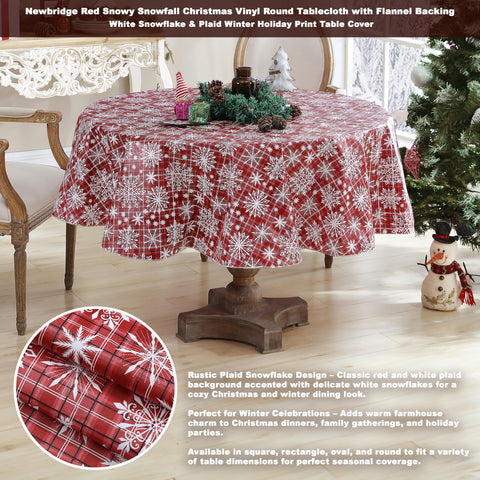 Newbridge Snowfall mantel vinilo, diseño a cuadros rojos, ideal para cenas navideñas.