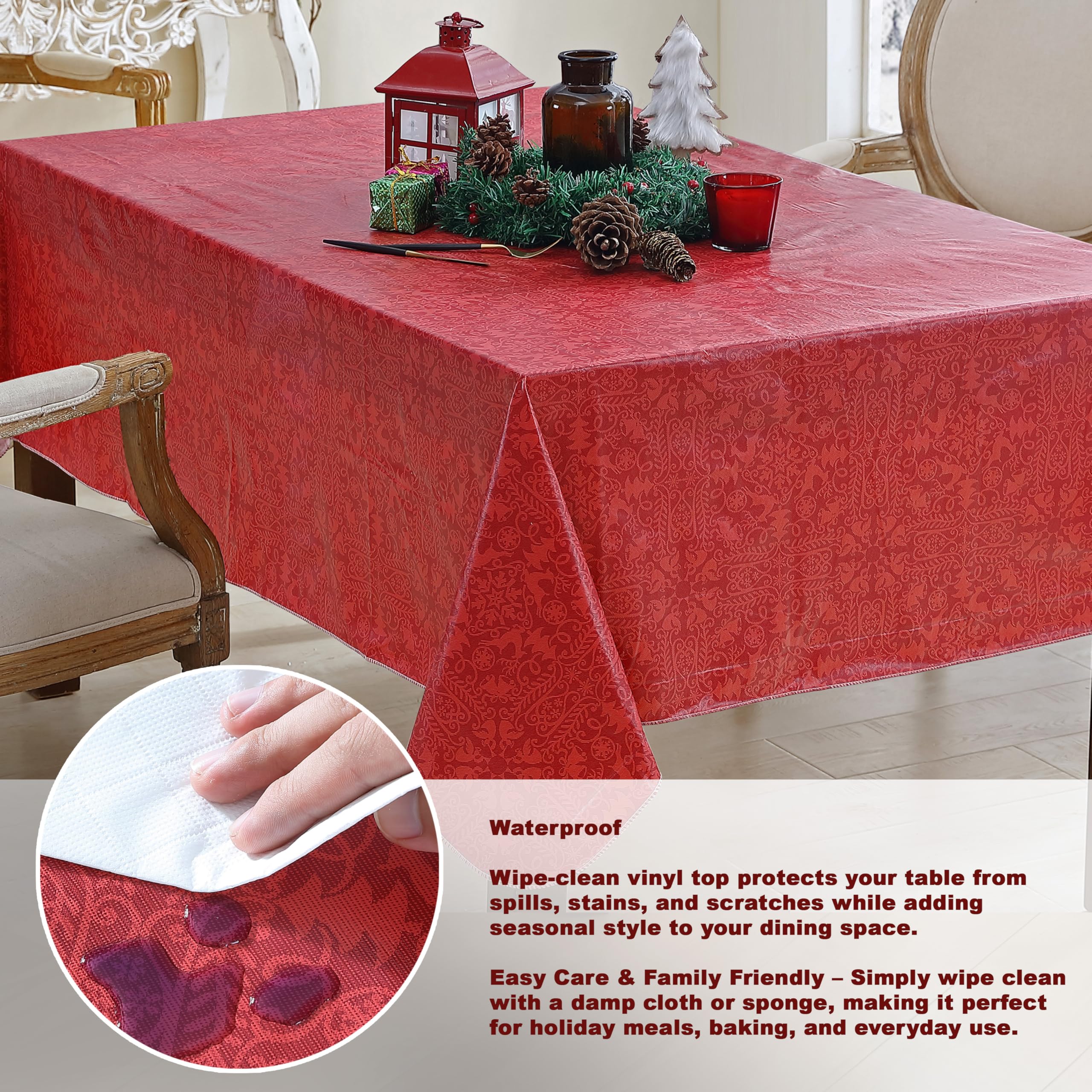 Mantel Newbridge con árboles navideños y cascabeles, ambiente festivo para la mesa.