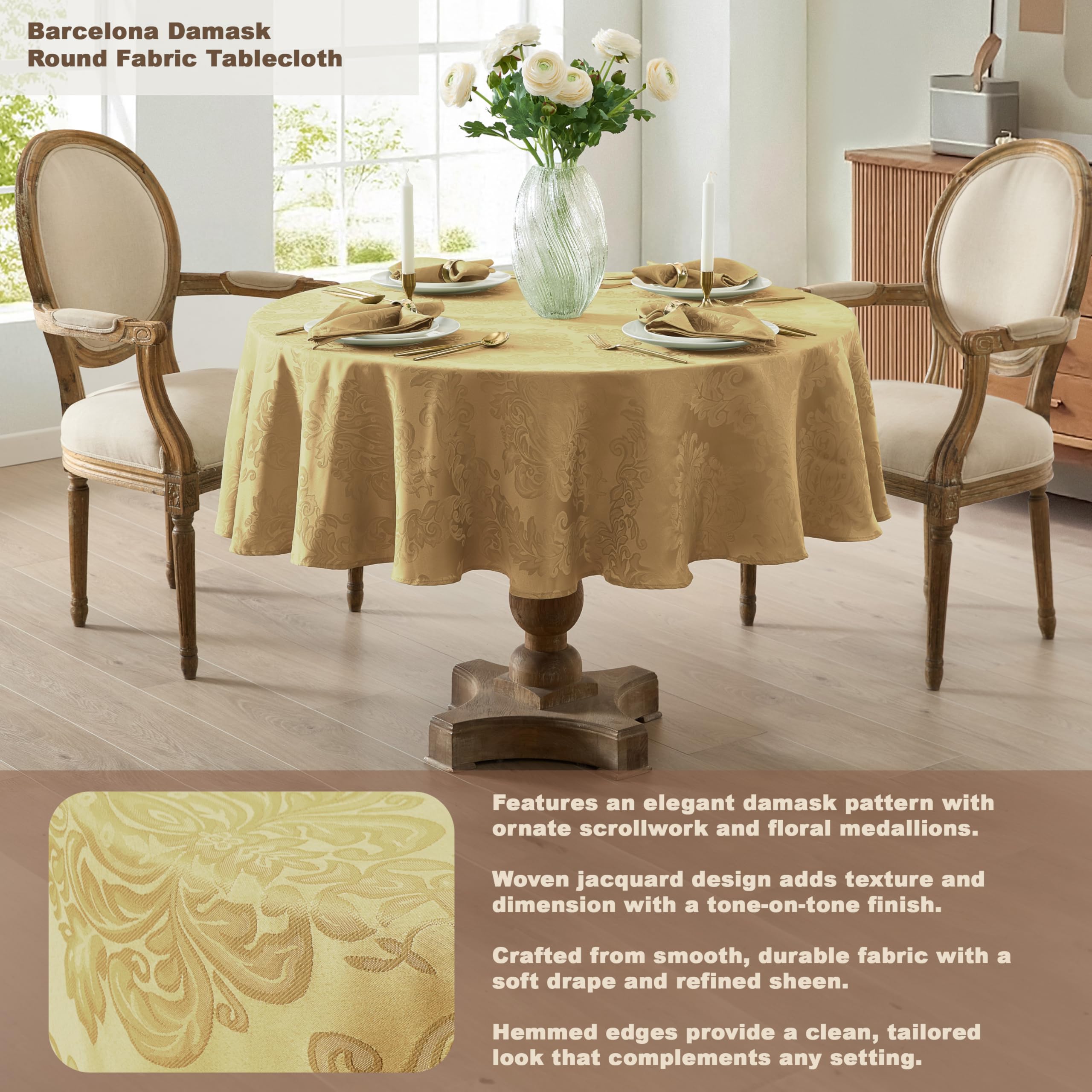 Mantel Newbridge Barcelona damasco con acanto, acabado elegante para banquetes.