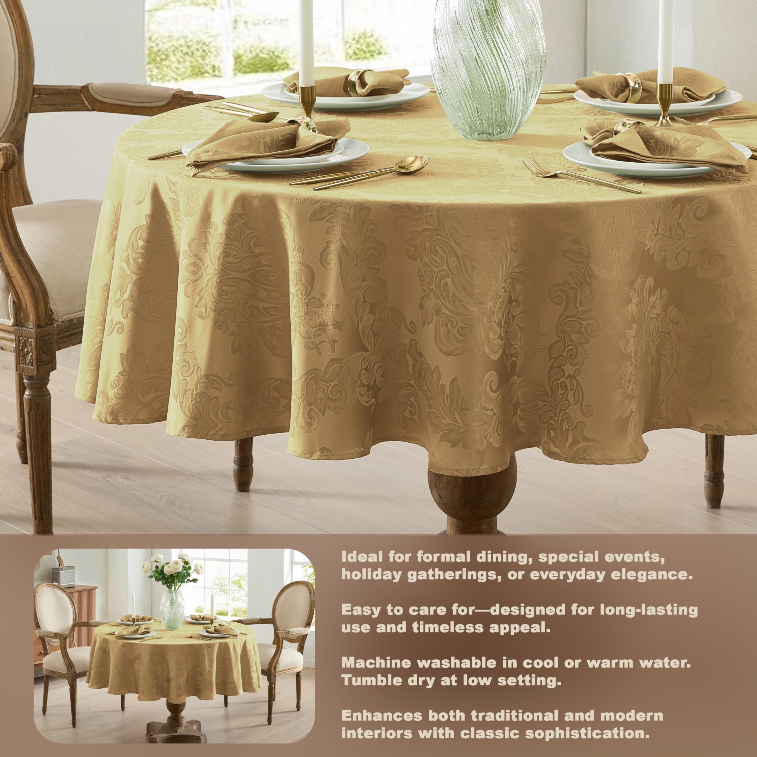 Mantel Newbridge Barcelona damasco de textura sutil en oro para cenas íntimas.