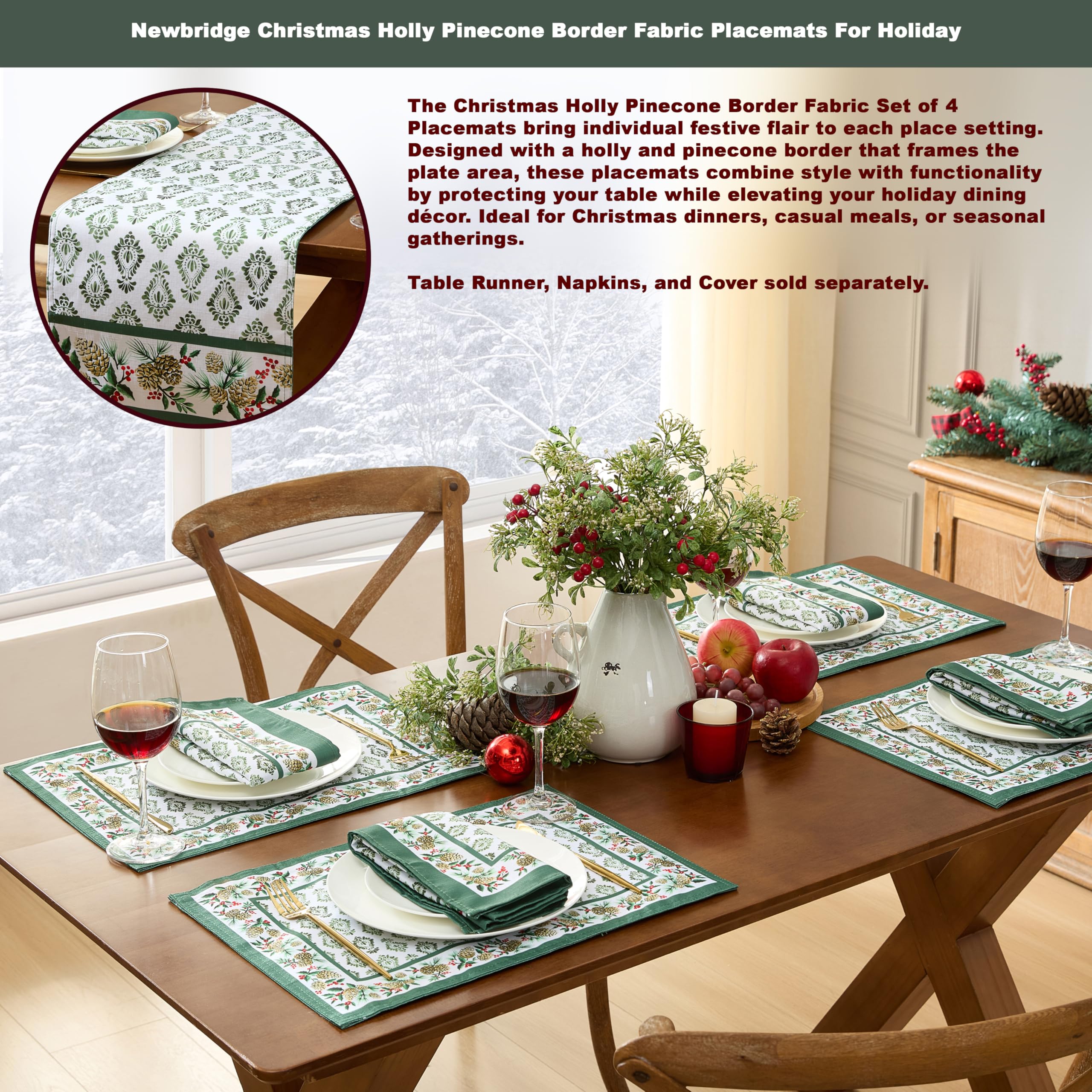 Detalle de piñas en diseño, mantel Newbridge para comedor navideño.
