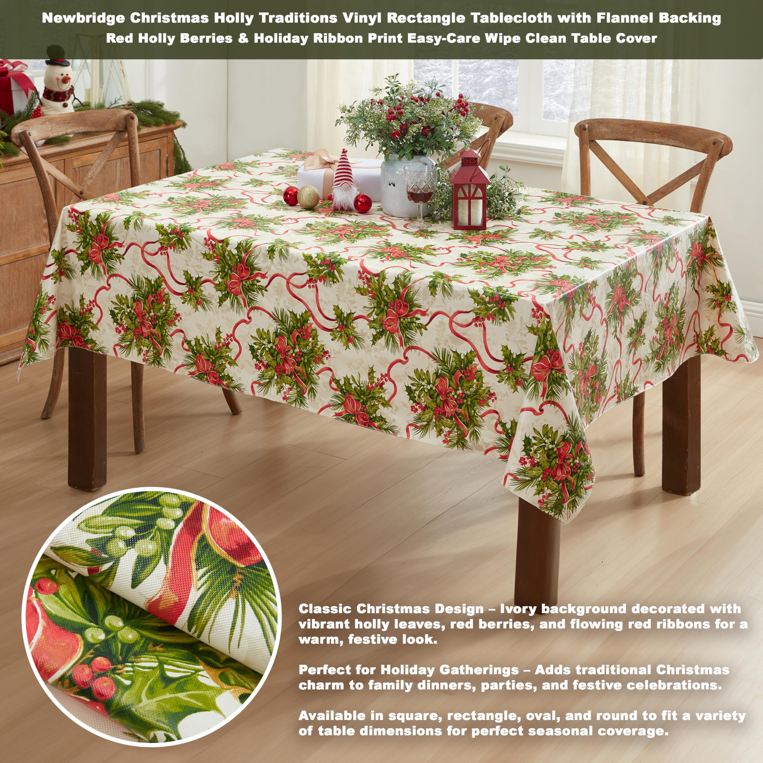 Mantel Newbridge con cinta roja, diseño navideño para reuniones inolvidables.