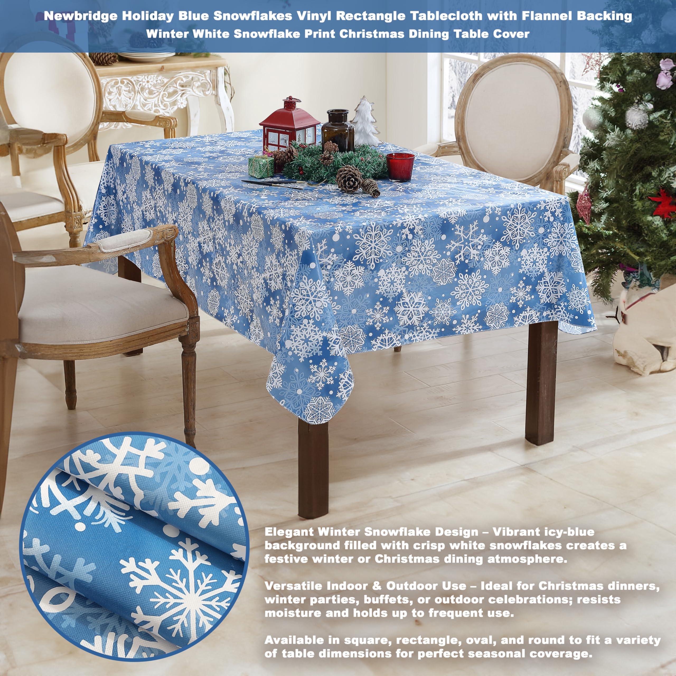 Mantel vinilo azul Newbridge para mesa rectangular 60x102, ambiente navideño