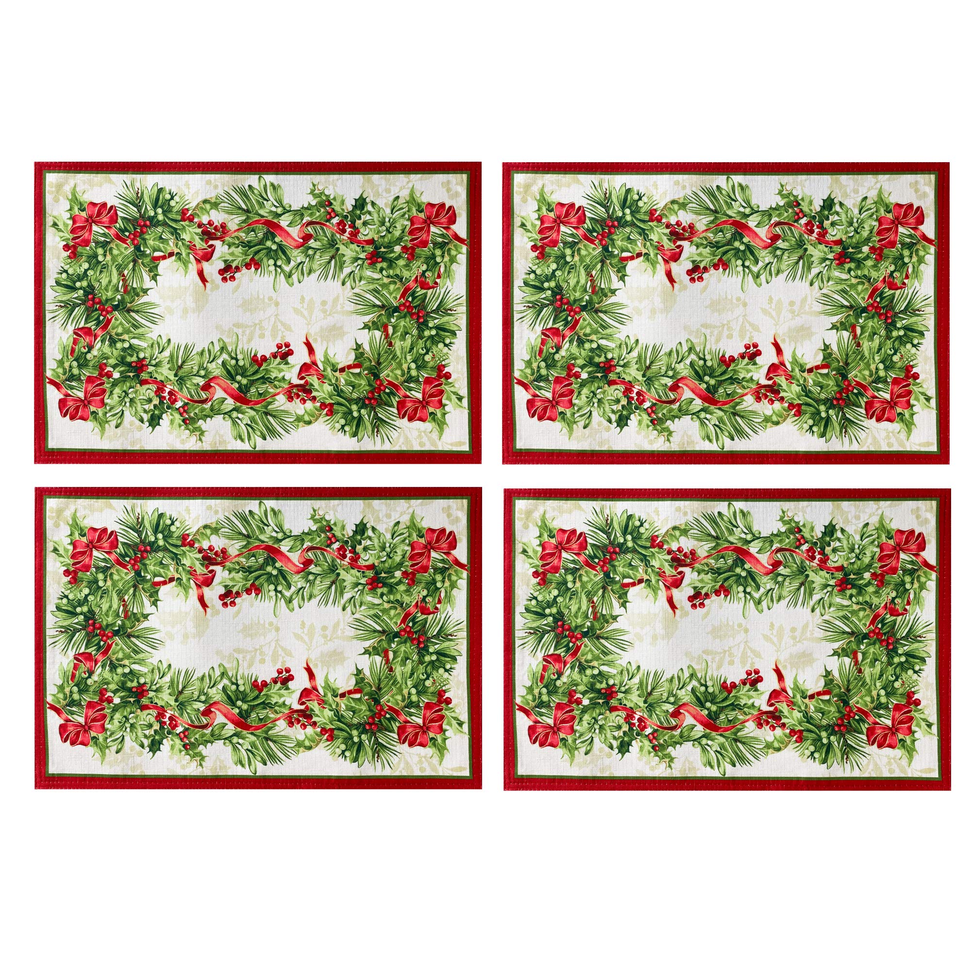 Newbridge manteles individuales bordados con acebo y cinta, ideal para cenas navideñas.