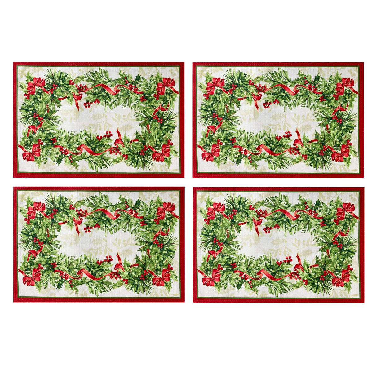 Newbridge manteles individuales bordados con acebo y cinta, ideal para cenas navideñas.
