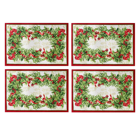 Newbridge manteles individuales bordados con acebo y cinta, ideal para cenas navideñas.