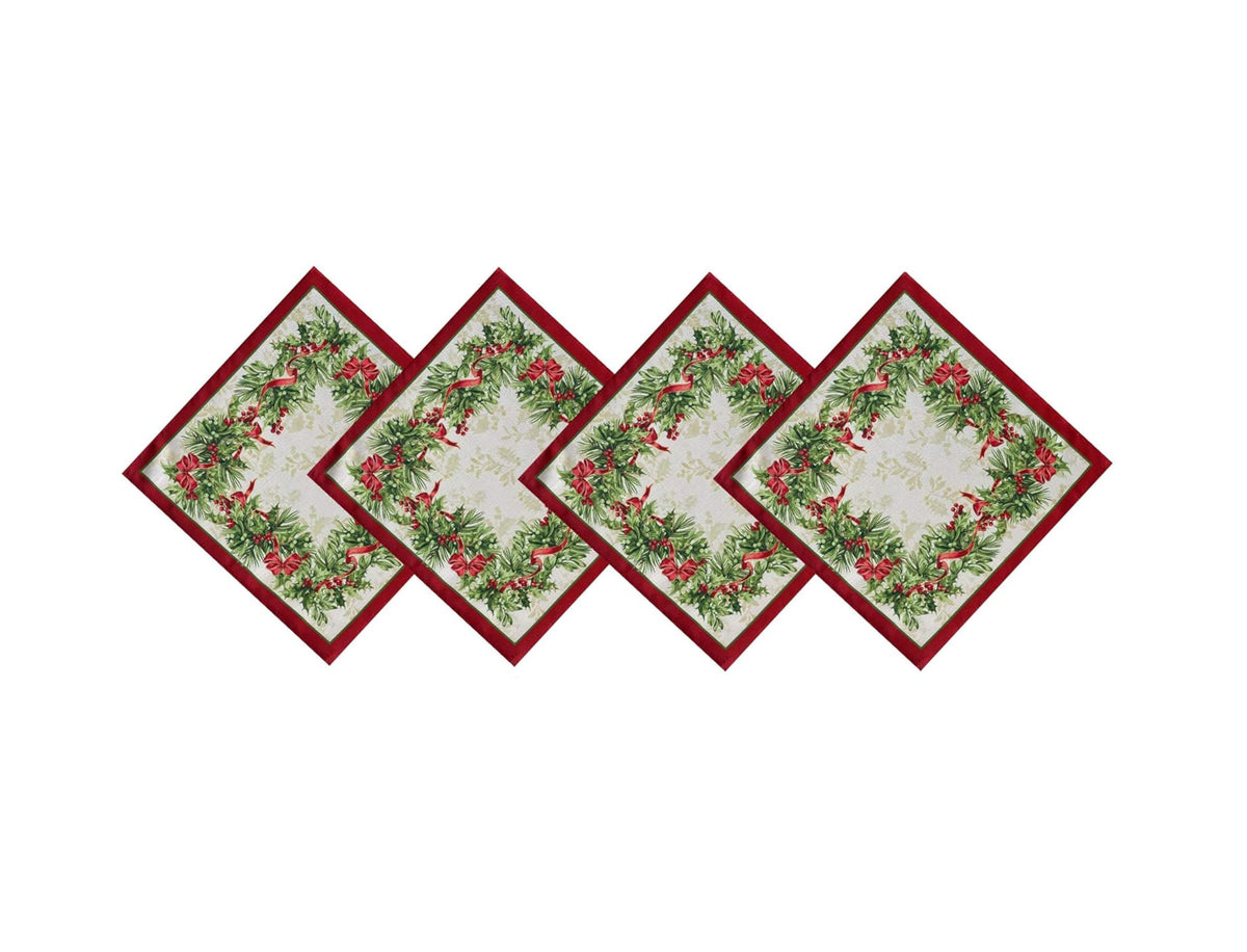 Servilletas Newbridge bordadas con acebo y lazos, ideales para cenas navideñas.
