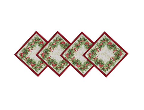 Servilletas Newbridge bordadas con acebo y lazos, ideales para cenas navideñas.