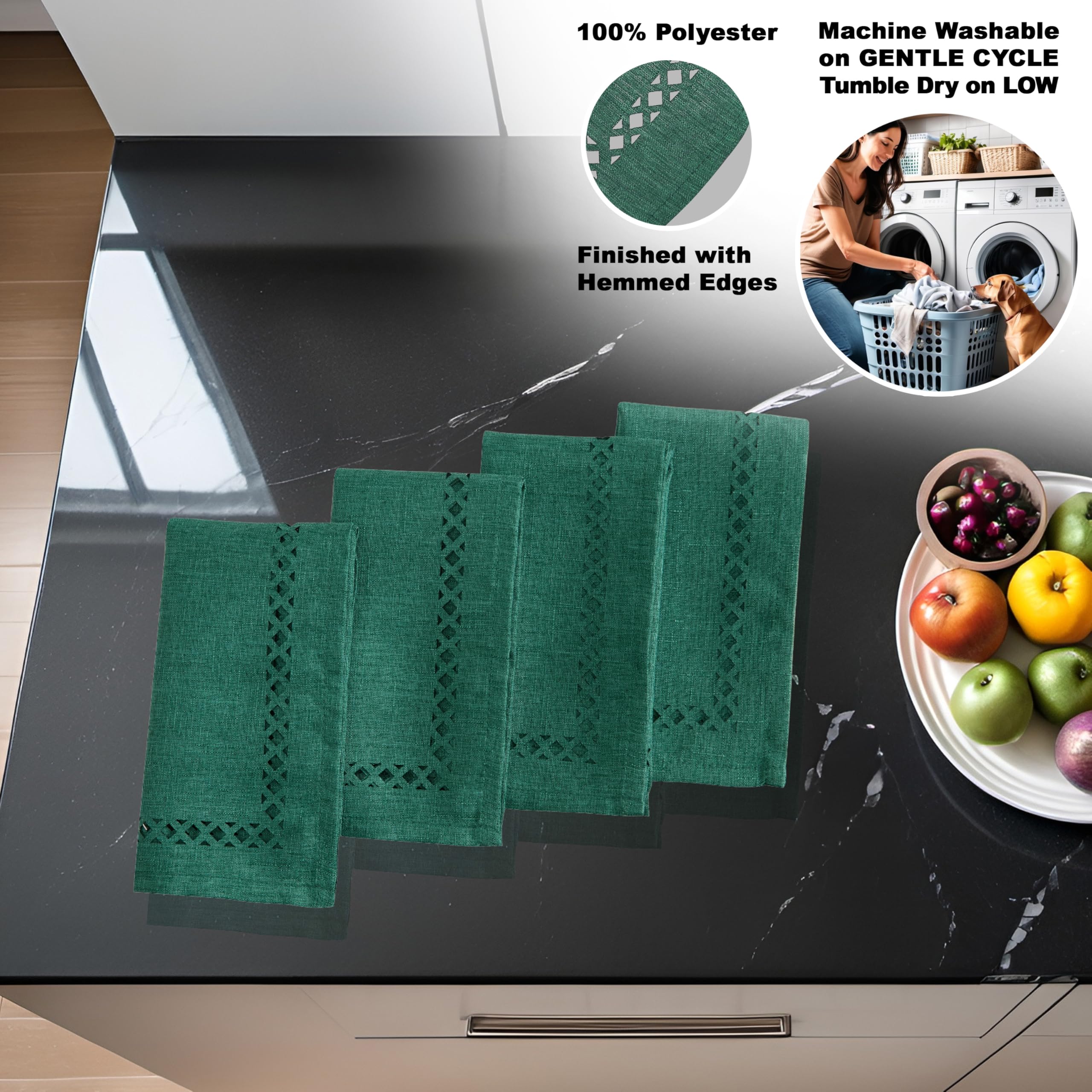 Newbridge servilletas 17x17 pulgadas verde, estilo ordenado y uniforme.