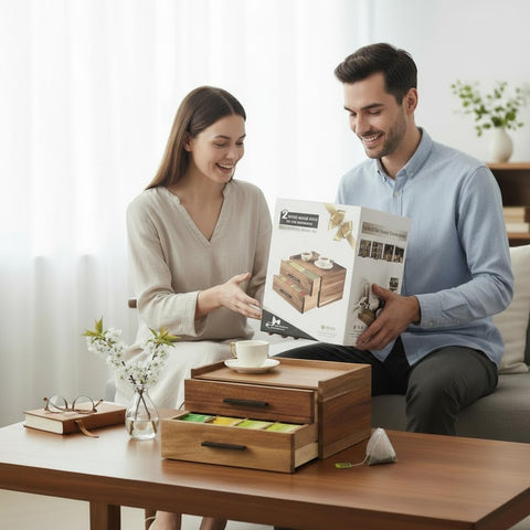 Organizador NewEle de acacia con cajón doble inferior, amplia capacidad para té y utensilios.