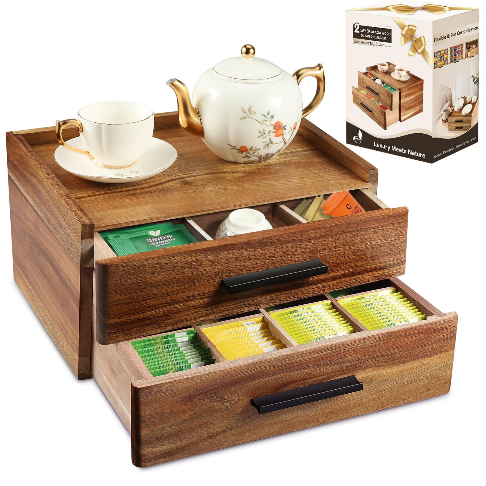 Organizador NewEle de acacia con cajón doble superior, ideal para accesorios y bolsitas de té.