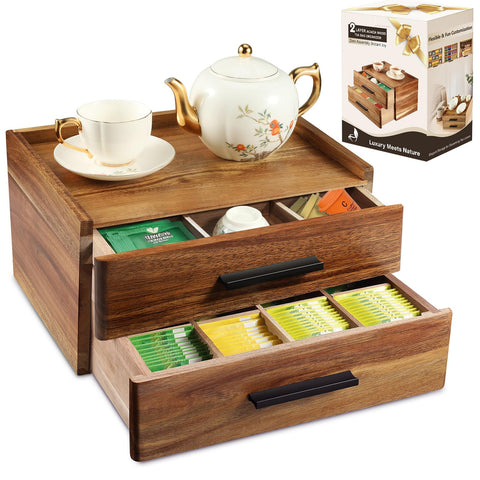 Organizador NewEle de acacia con cajón doble superior, ideal para accesorios y bolsitas de té.