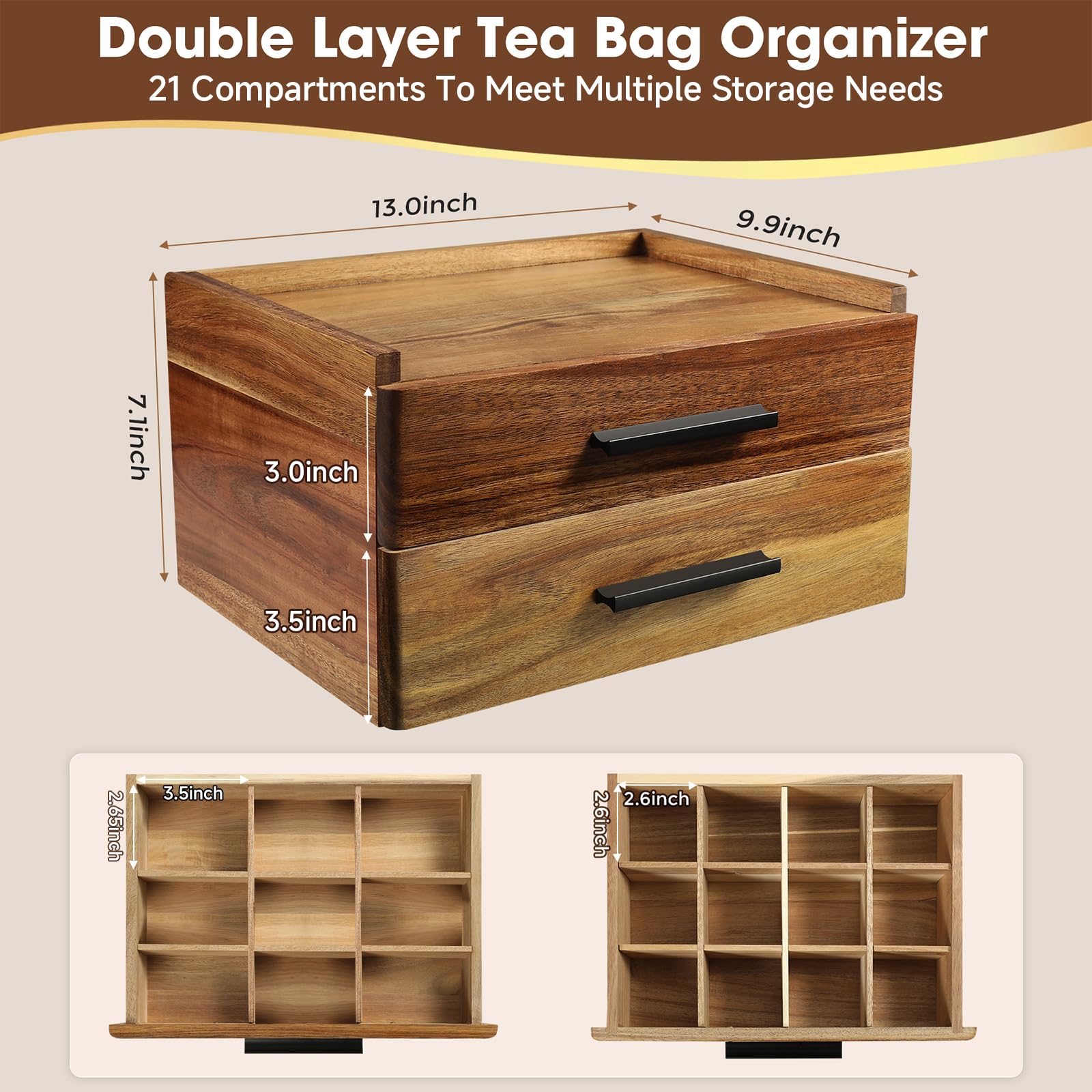 Organizador NewEle de acacia con divisores removibles para ajustar espacios.
