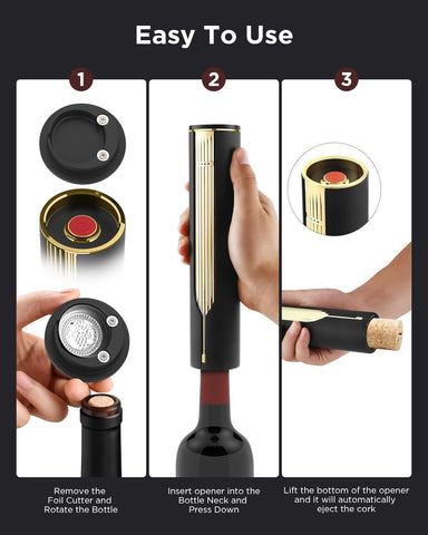 Newise sacacorchos eléctrico, diseño de lujo en negro y oro para la mesa.