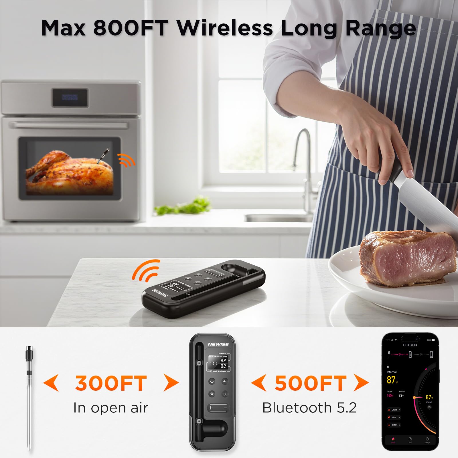 Newise termómetro inalámbrico para carne con alcance de 800 pies y monitoreo en tiempo real.