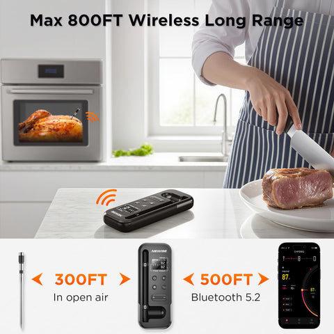 Newise termómetro inalámbrico para carne con alcance de 800 pies y monitoreo en tiempo real.