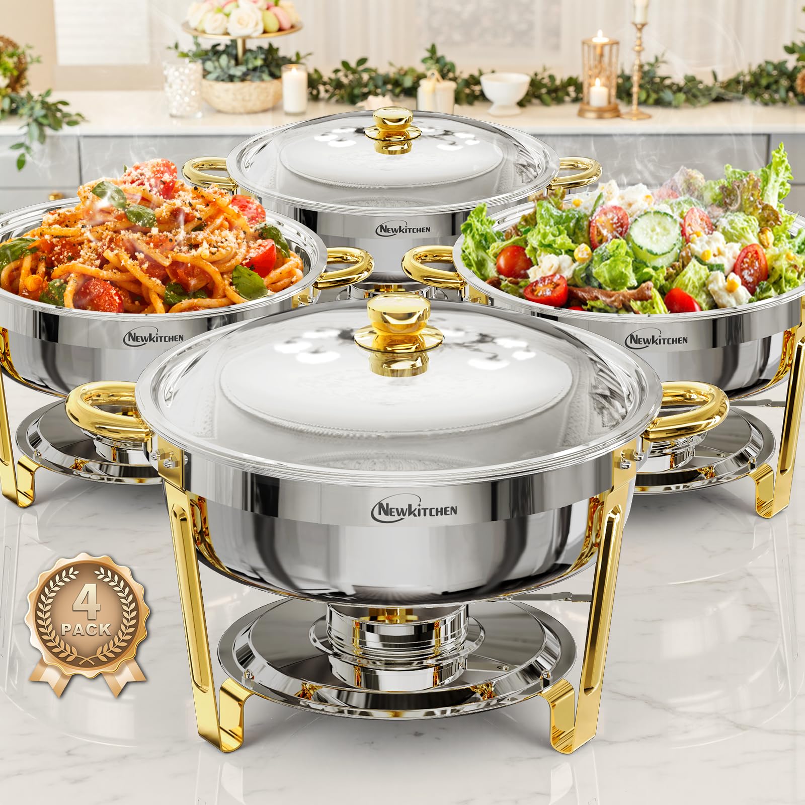NEWKITCHEN fuente de buffet 6qt paquete oro y plata, ideal para buffets con mayor capacidad.