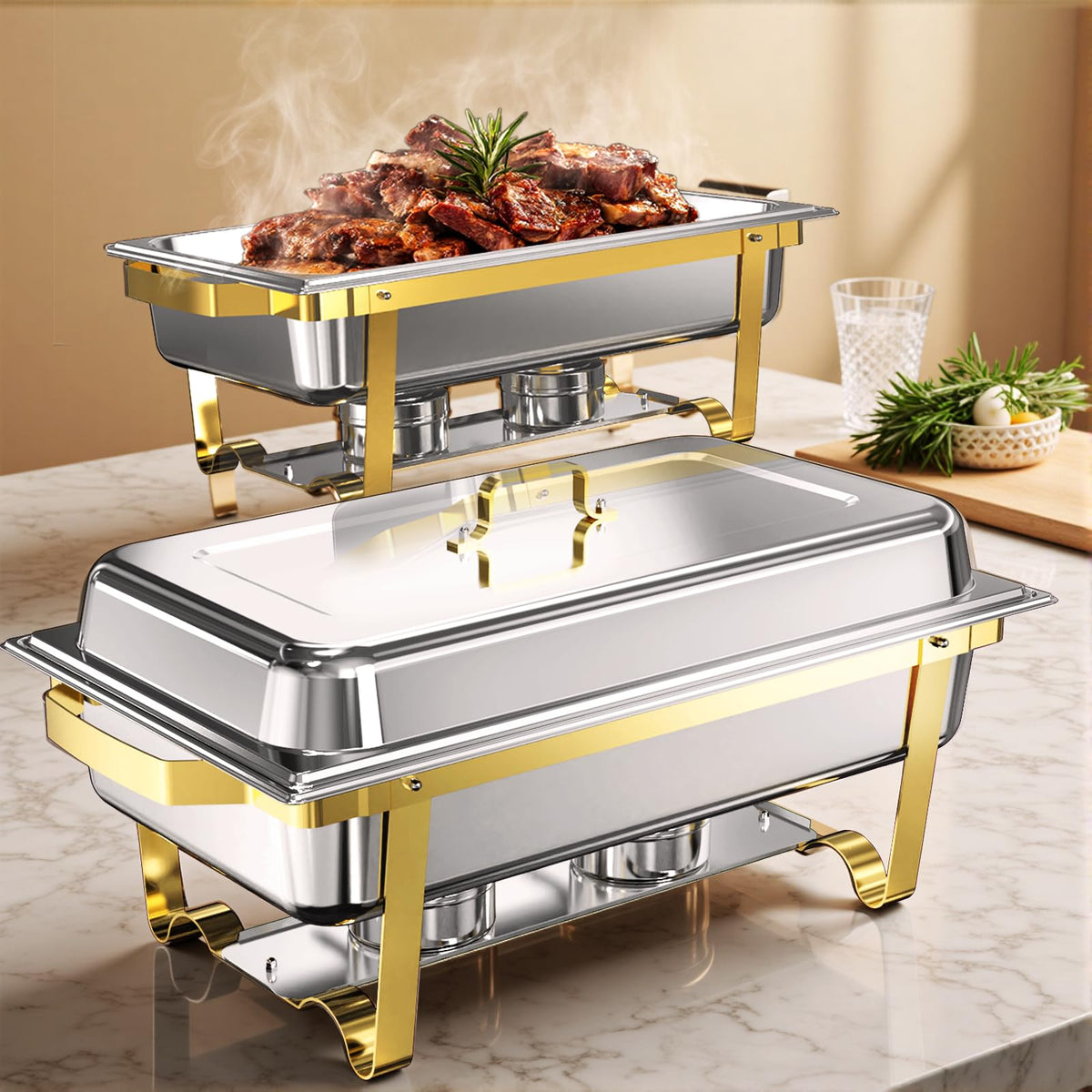 NEWKITCHEN fuentes calientes buffet 11QT dorado, ideales para eventos grandes.