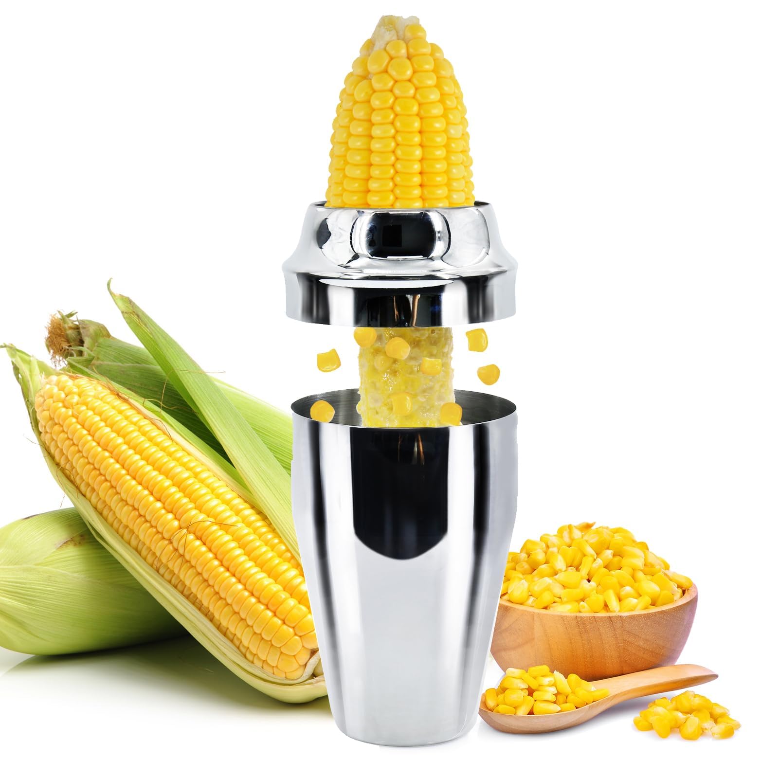 Newness pelador de maíz con copa, captura los granos sin salpicaduras.