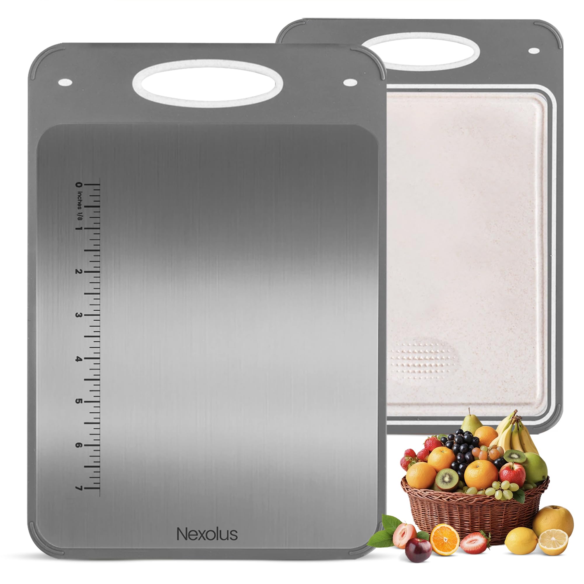 Tabla Nexolus de corte doble cara en acero inoxidable, superficie grande para carnes y verduras.
