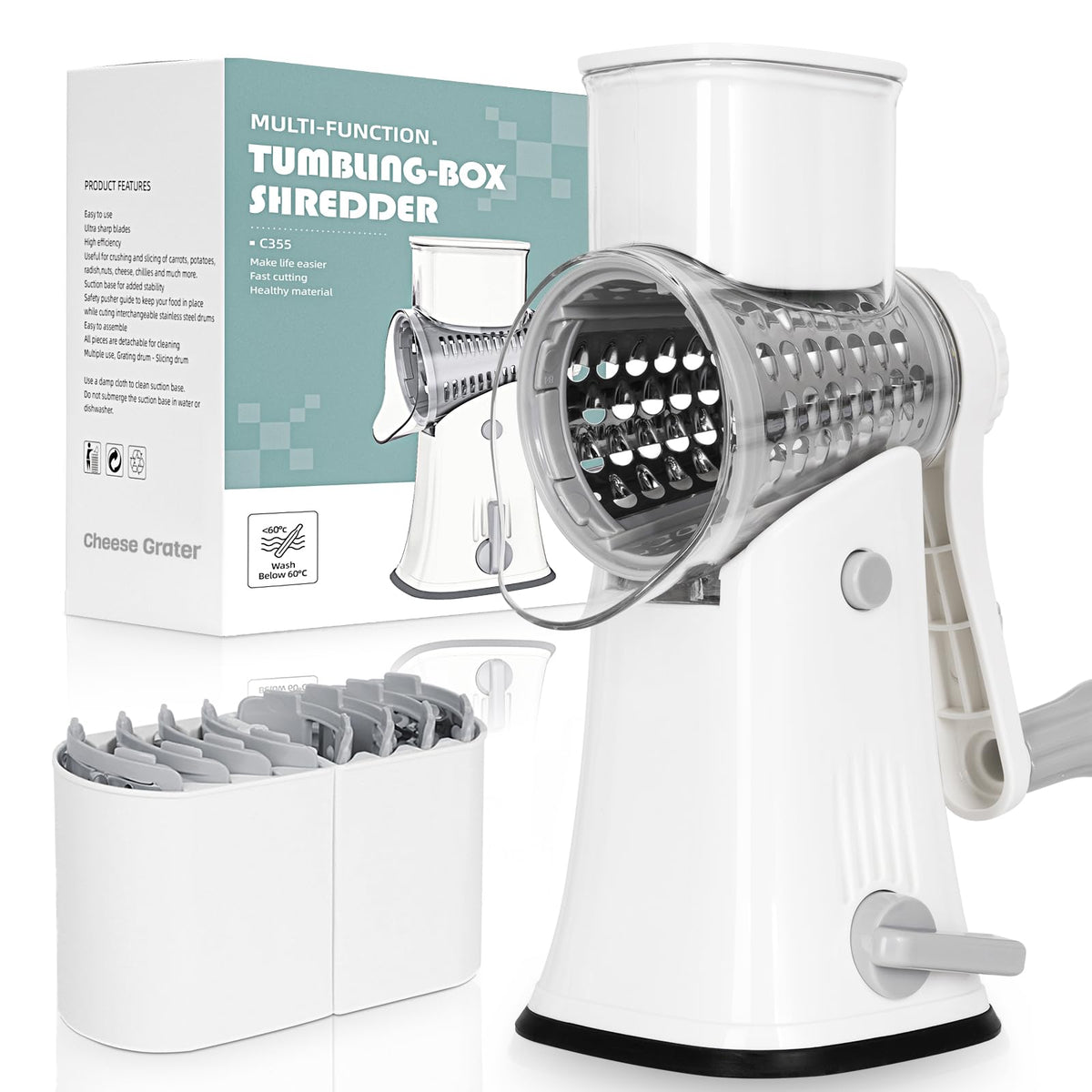 Nexsujo rallador 5-en-1 frente: preparación rápida de queso y verduras