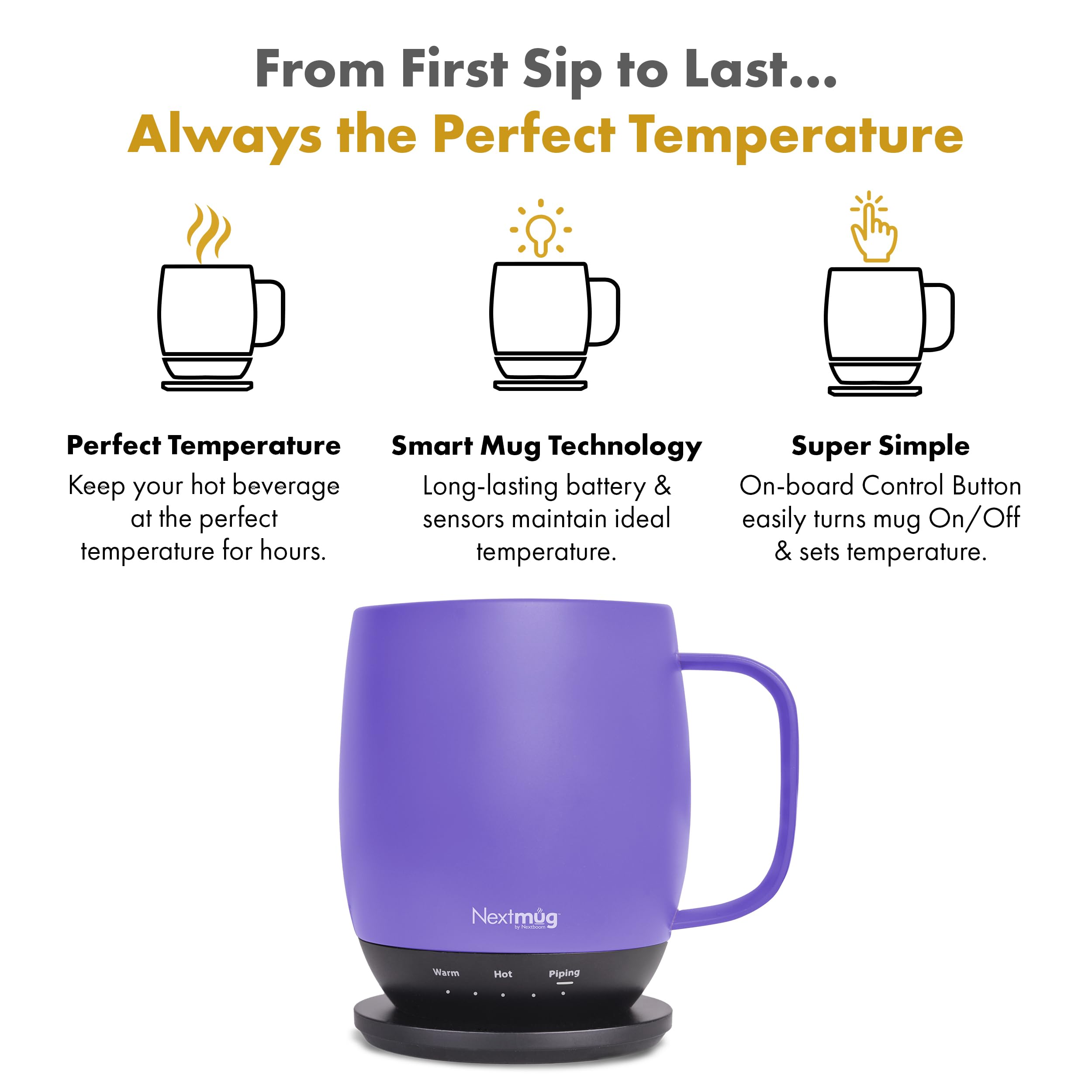 Nextmug con control frontal y botón para ajustar la temperatura sin apps.