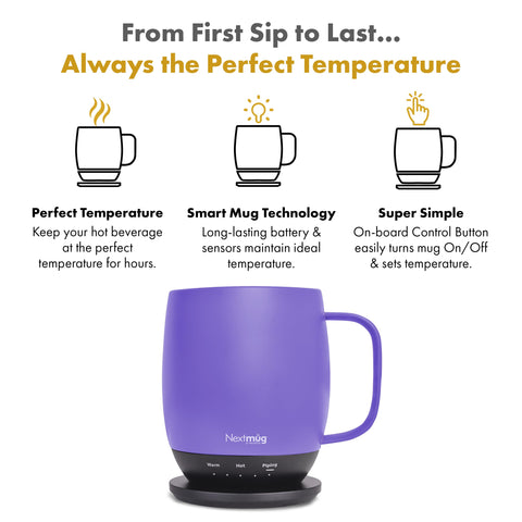 Nextmug con control frontal y botón para ajustar la temperatura sin apps.