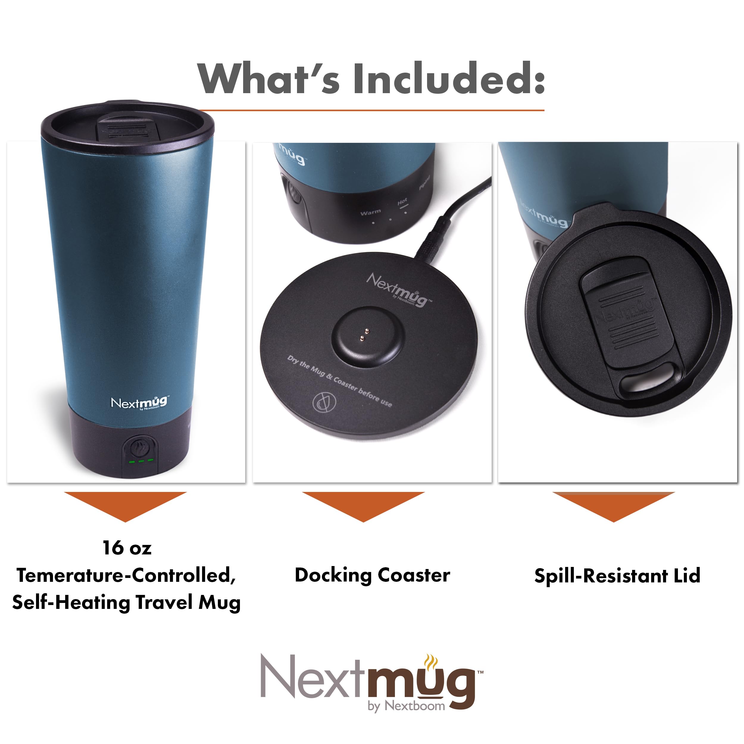 Nextmug Go destaca niveles de temperatura 130 °F, 140 °F y 150 °F para bebidas.