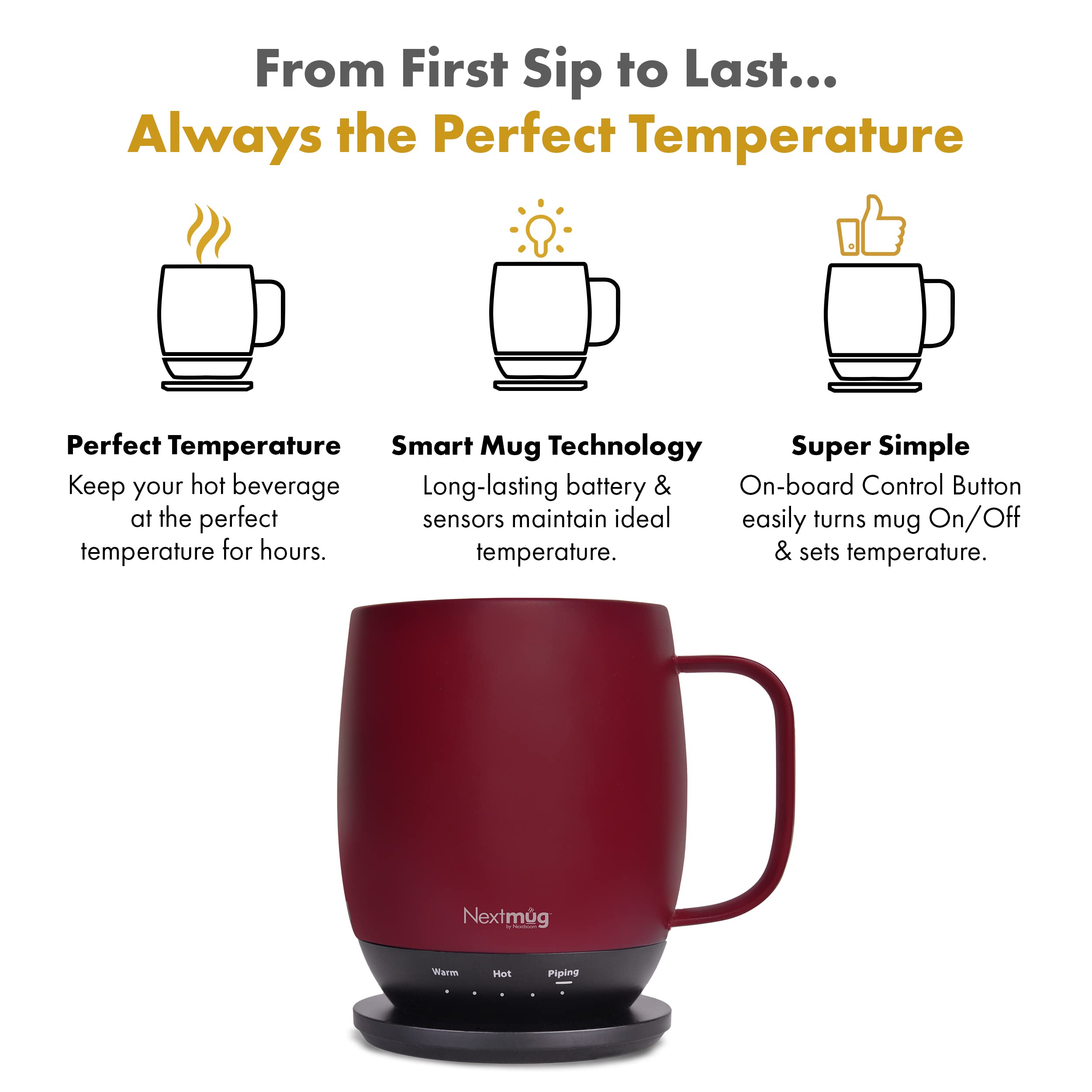 Nextmug con tapa anti-derrame mantiene la bebida segura en cualquier lugar.