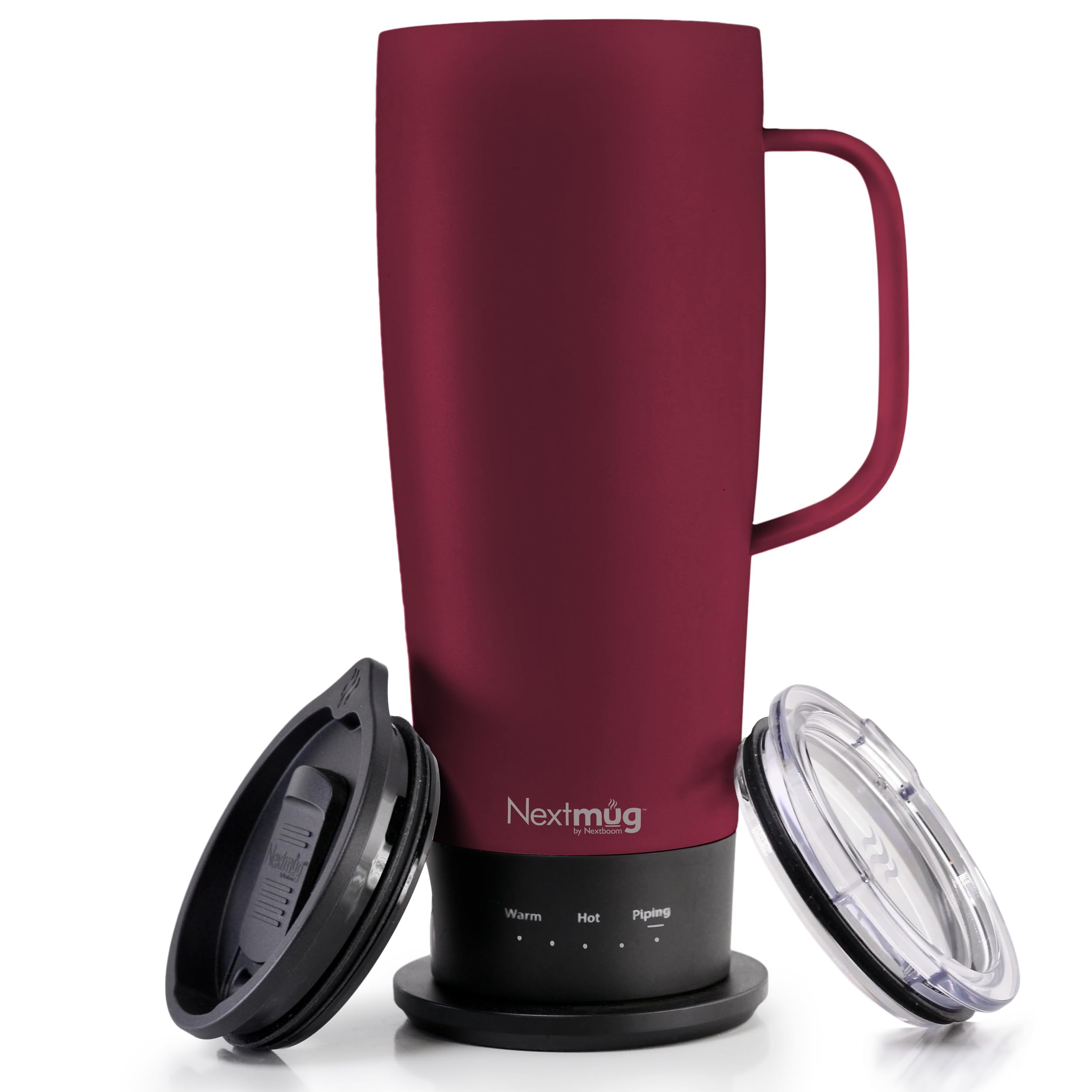 Nextmug Ultra en burdeos con indicador de temperatura para calentar bebidas.