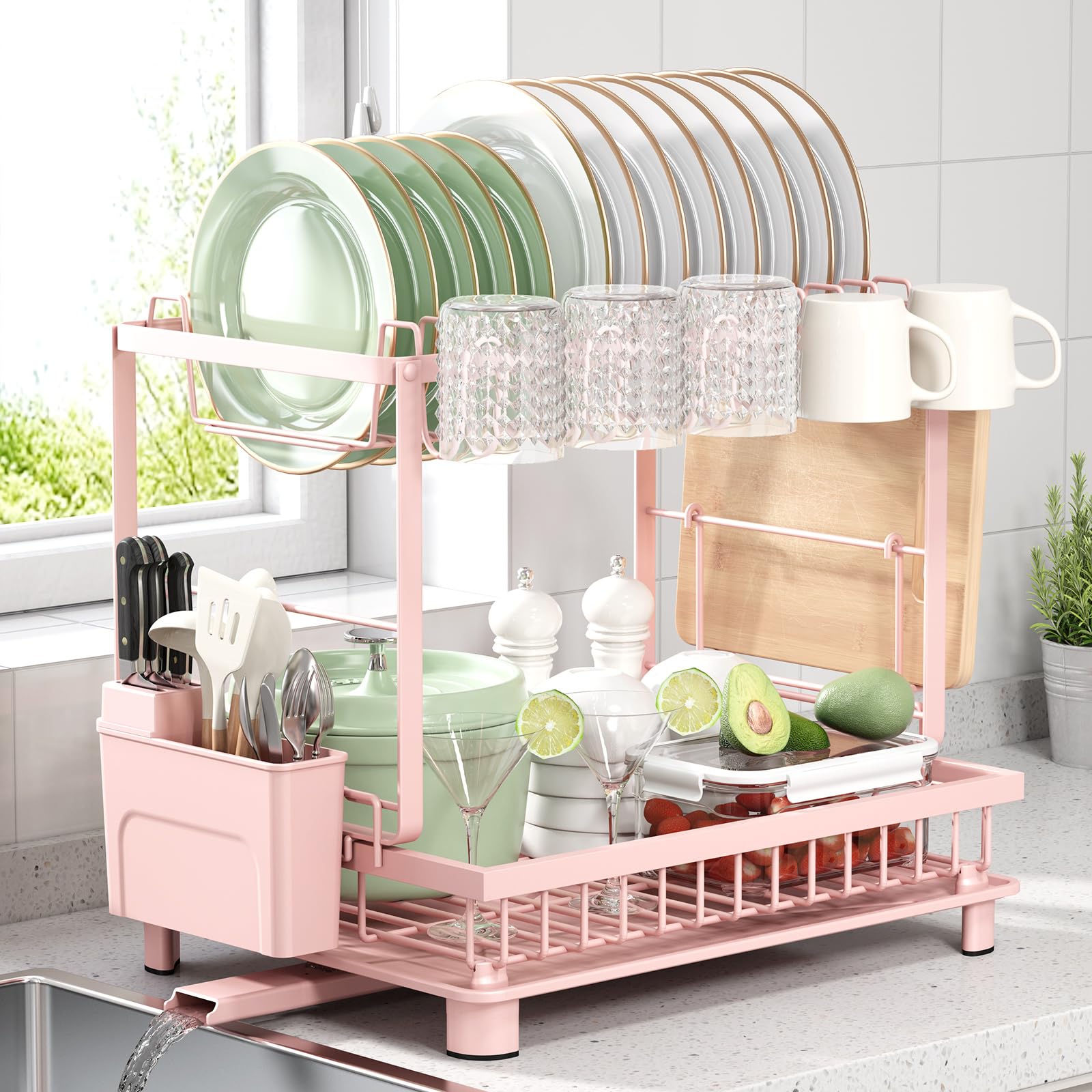Nfnoyp escurridor dos niveles rosa, ideal para secar platos y vasos