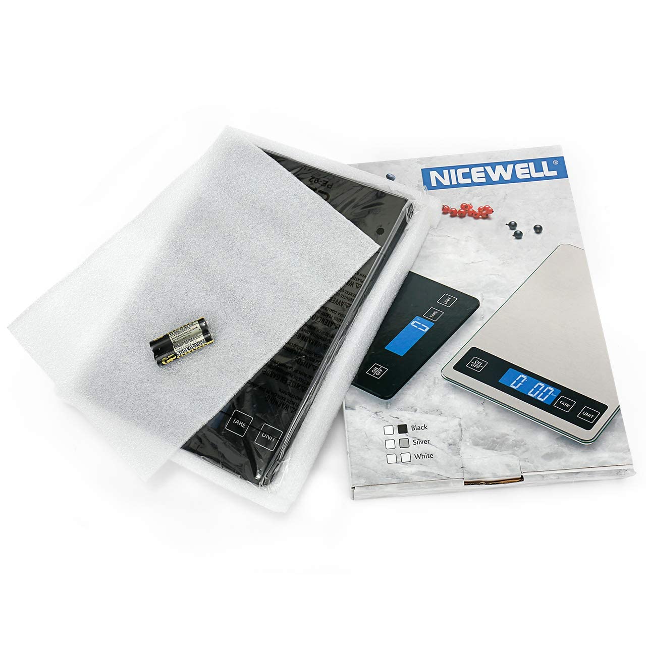 Báscula Nicewell con superficie de acero inoxidable anti huellas, fácil de limpiar.