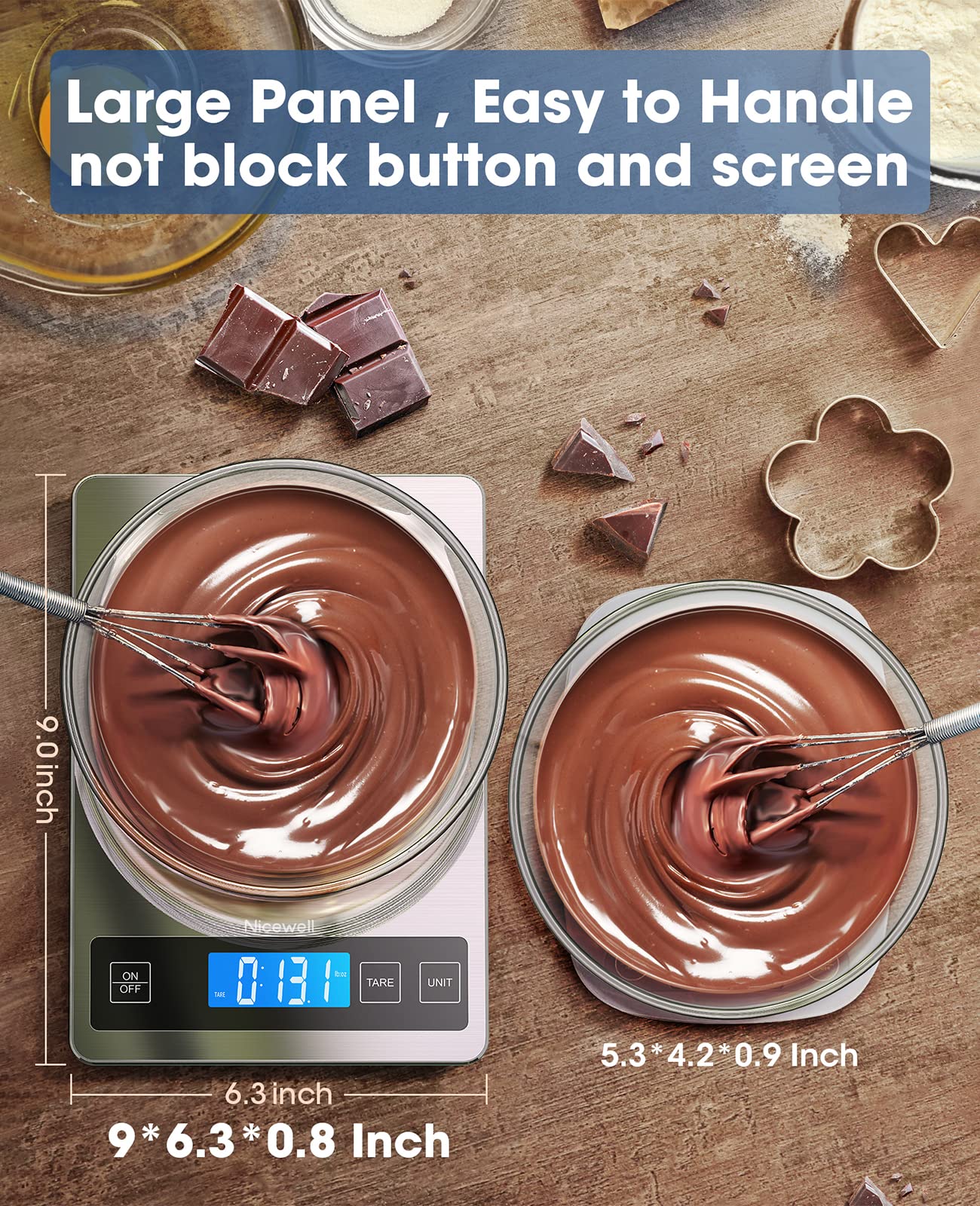 Nicewell Food Scale con gran pantalla LCD para lectura rápida en varias unidades.