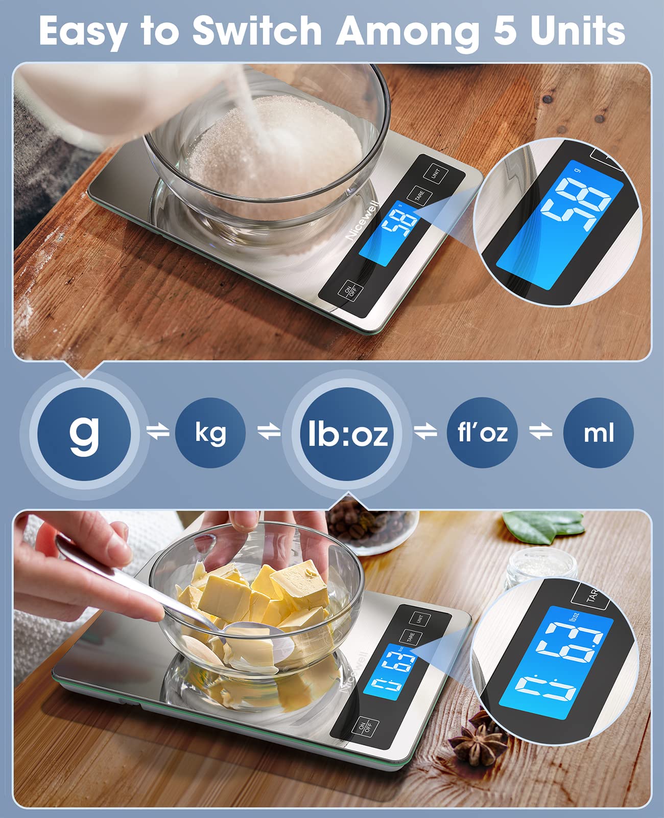 Nicewell Food Scale superficie de acero inoxidable con acabado anti huellas y fácil limpieza.