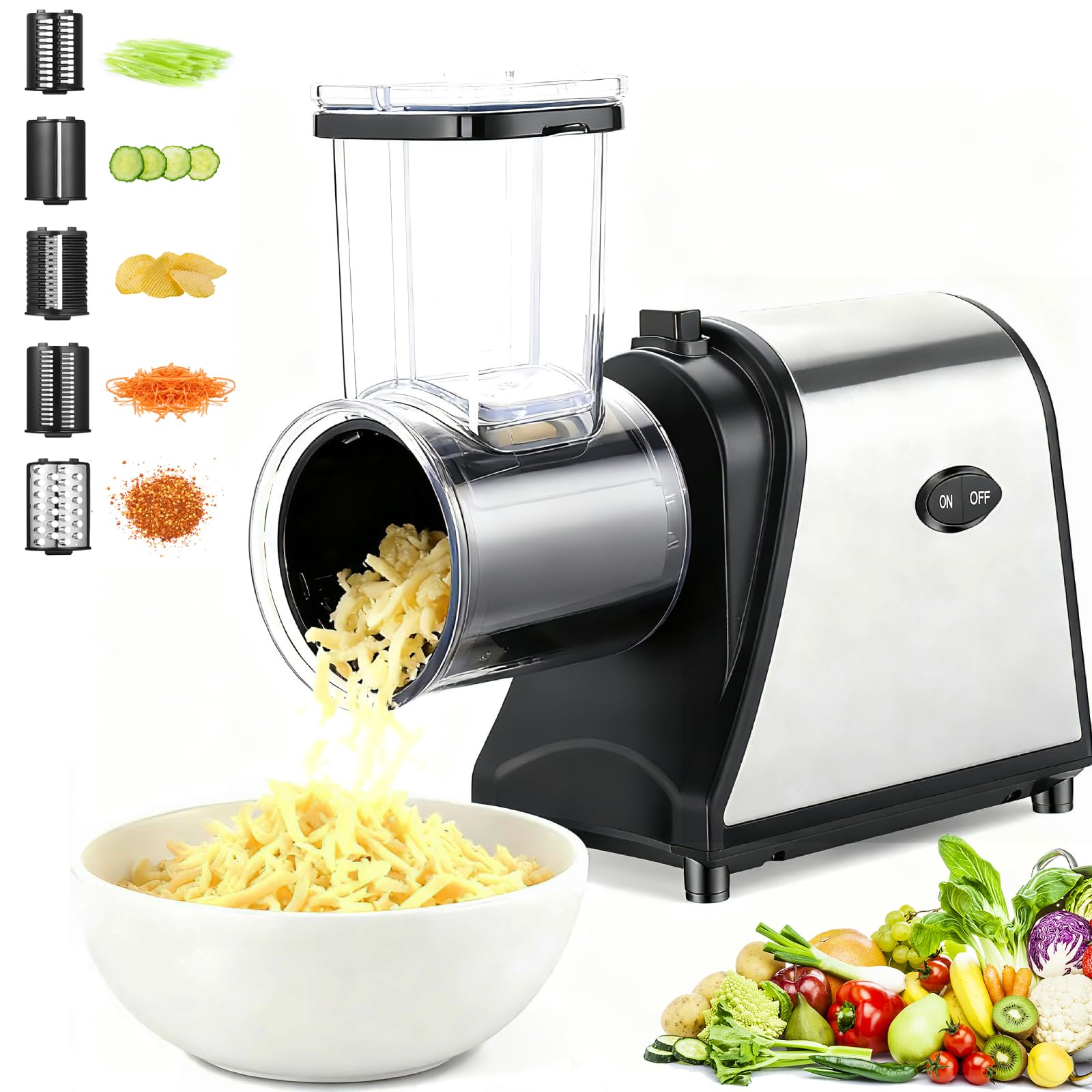 Nictemaw rallador eléctrico con entrada amplia para rallado rápido de queso y verduras.