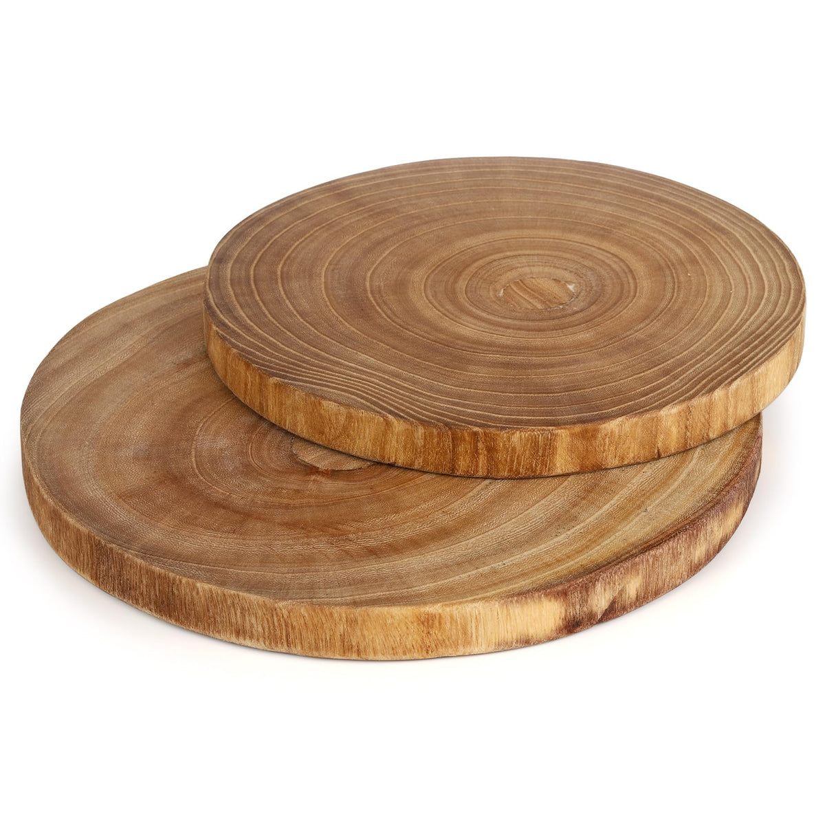 Bandejas redondas Nicunom de madera paulownia, ligeras y elegantes para servir aperitivos.