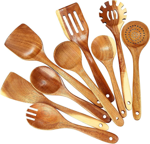 Nicyho set de utensilios de acacia natural con mangos largos para cocinar.