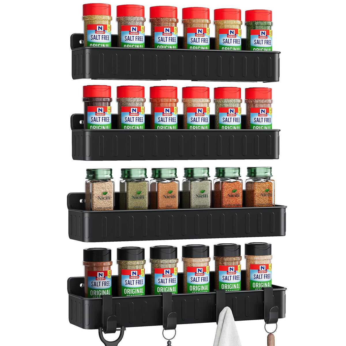 Nieifi organizador de especias para pared, 4-pack negro, ahorro de espacio en la cocina.