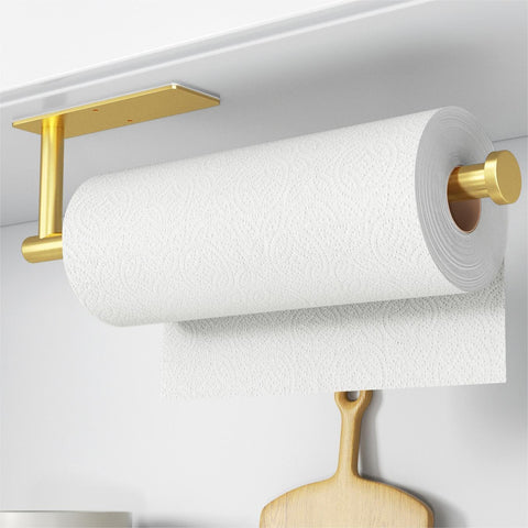 Soporte de papel toalla Niffgaff adhesivo en acabado dorado, instalación rápida.
