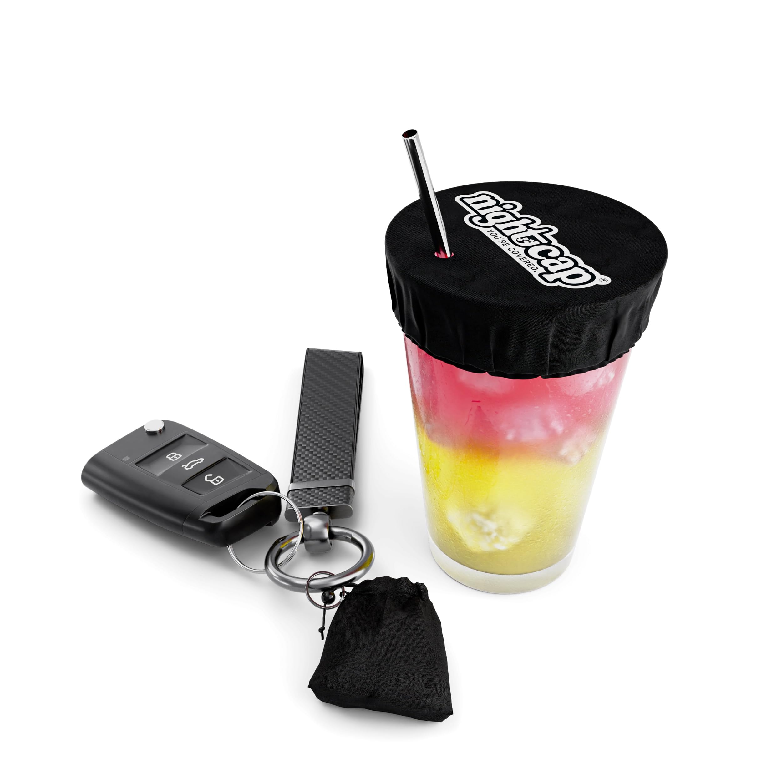 NightCap cubre-bebida en llavero, protección rápida para tu vaso.