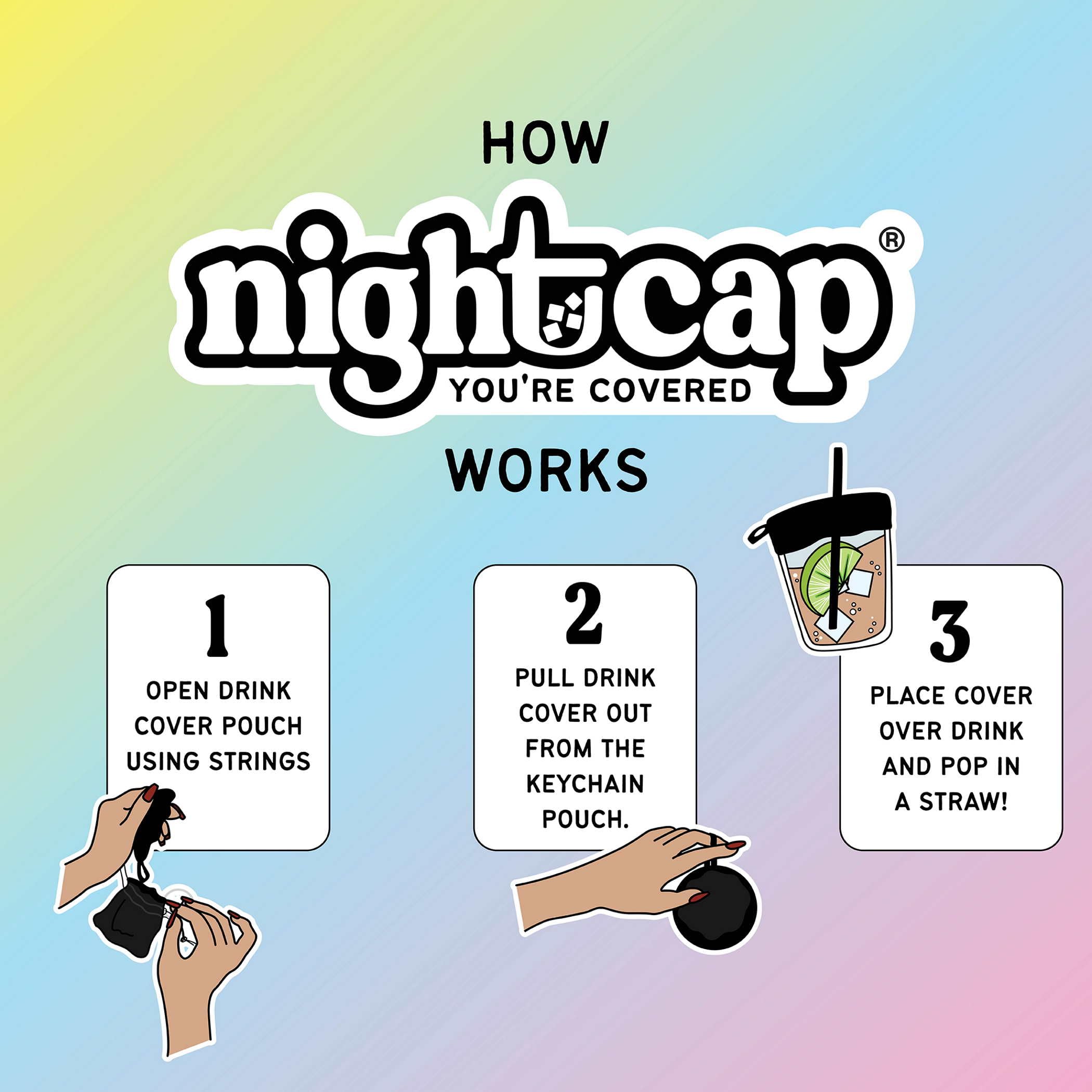 NightCap cubre-bebida para llavero, reutilizable y fácil de limpiar.